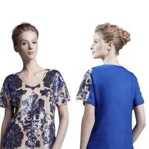 Neiman Marcus Tracy Reese Short Sleeve Large Beige Blue Sequin Embellished